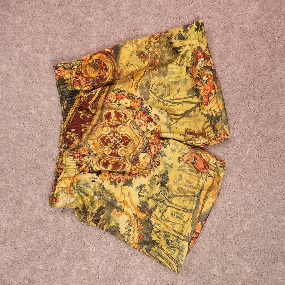 MNML Yellow Baroque Print Flat Front Shorts